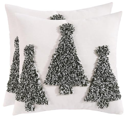 Tosleo 2er Set Weihnachten Kissenbezug Grün Tanne Tufteter Weihnachtsbaum 45x45cm Kissenbezüge Feines Leinen Kissenhülle Dekokissen für Sofa Wohnzimmer Schlafzimmer Couch Heimdekoration