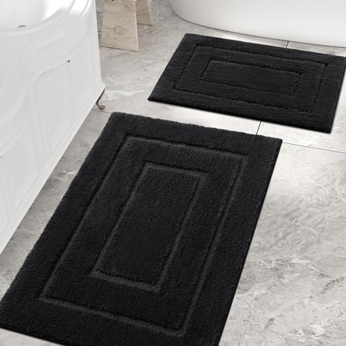 Homaxy Mikrofaser Badezimmerteppich Set - 40x60 cm + 60x90 cm, Schwarz | weich gefühl, flauschig bequem, rutschfeste TPR-rückseite, maschinenwaschbar, grpßartig wasserabsorbierend, breite anwendung