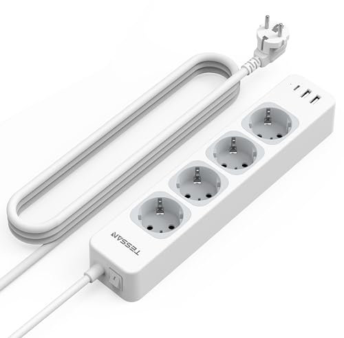 TESSAN 4 Fach Mehrfachsteckdose mit USB C und 2 USB A, 7 in 1 Steckdosenleiste Verlängerungskabel 2M, Mehrfachstecker mit Schalter, 2500W Verteilersteckdose Steckerleiste, Grau
