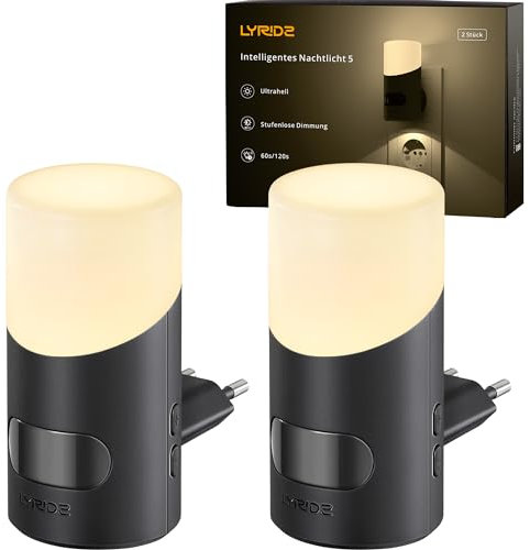 Lyridz Nachtlicht Steckdose mit Bewegungssensor Oberen und Unteren Beleuchtung Ultrahelles, 2 Stück Dimmbares Nachtlampe Warmweißes LED Nachtlicht mit 3 Modi für Schlafzimmer, Küche, Flur, 2700K