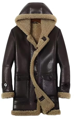 BRIXWEAR Men’s Classic Gentleman Genuine Leather Sheepskin Shearling Fur Hooded Long Winter Coat