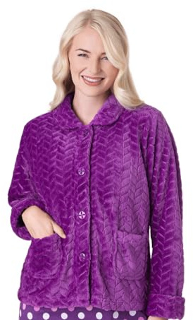 Camille Femmes Superdoux Polaire Lit Veste - en Relief Luxe Col Chaud Sommeil Haut - Boutonné Et à Manches Longues 42-44 Purple