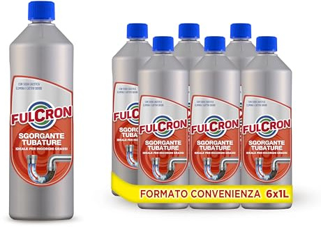 Fulcron Sgorgante Tubature, 6 x 1L | Stura Scarichi Rapido e Sicuro, Disotturante per Ogni Tipo di Residuo, Formula Disgorgante Adatta a WC, Lavabi