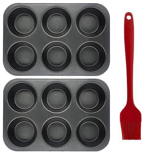 2 Pack Bakeware Yorkshire Pudding Tray Cupcake Tray Muffin Trays 6 Cup Yorkshire Pudding Tin Mini Cake Tins Baking Tray Set Non-Stick Muffin Cases for Baking Pastries , Bun, Cupcakes(Free Brush)