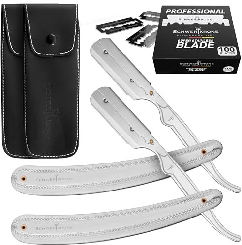 SCHWERTKRONE 2 Premium Rasiermesser mit 100 Premium Rasierklingen & 2 Lederetuis - Zwei Rasiermesser Herren Silber inkl. 100 Wechselklingen - Straight Razor Rasierer Herren Set Bartmesser Ustura