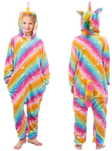 Tuta da unicorno per bambini, pigiama in pile per bambini, tuta da notte per ragazze in flanella, morbida e comoda, design con cappuccio a tema cartone animato, costume da unicorno per gioco di ruolo