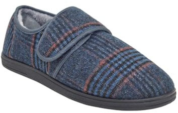 Chums Men's Dr Keller Wide Fit Faux Fur Lined Slippers with Touch Fasten Strap Adjustable Comfortable House Shoes with Lightweight Sturdy Sole Navy 10