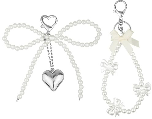 Gosknor 2 Stück Schlüsselanhänger Clips mit Perlenschleife, 2 Stile Handyanhänger mit Perlenschleife und Verschluss Perlen-Taschenanhänger für Damen Autoschlüssel, Handy, Rucksack, Geldbörse