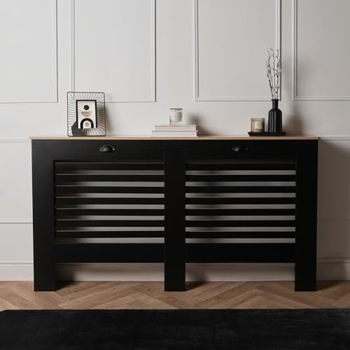 OHS Large Black Radiator Cover with Oak Look Top, Stylish Modern Decorative Radiator Cover MDF for Office Living Room Bedroom & Hallways