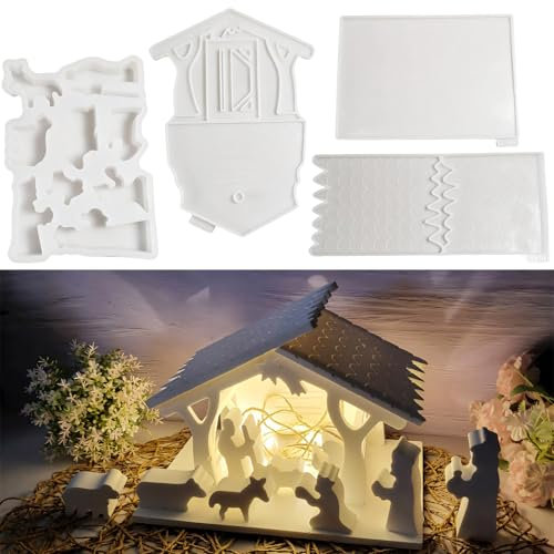 BDHYYM 4 Stück Silikonformen Gießformen Krippe Silikon Gießform 3D Haus Silikonform Krippe Krippenfiguren gießform krippe gießform Silikonform Weihnachten
