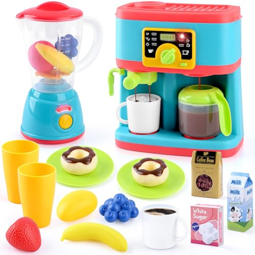 PLAY Accessori Cucina Giocattolo, Set di Accessori Cucina per Bambini con Macchina Caffè Giocattolo, Mixer, Giocattoli Alimentari, Luci e Suoni, Kit Elettrodomestici Cucina per Bambini da 3+