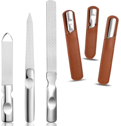 Wanmu 3Pcs Metal Nail File, Stainless Steel Nail Trimmer with Leather Case, Heavy Duty Double Sided Toenail File for Thick Toenails, Professional coarse Nail File for Men Women, Home Salon, Travel