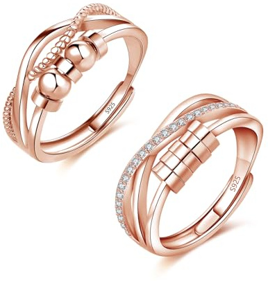 Deyanse Silber Anxiety Ringe, 2PCS 925 Sterling Silber Angst Ringe Set | Offen Einstellbar Anti Stress Partnerringe, Unendlichkeit Spinner Fidget Ring mit Perlen, Unisex Dekompressionsring Paar Ring