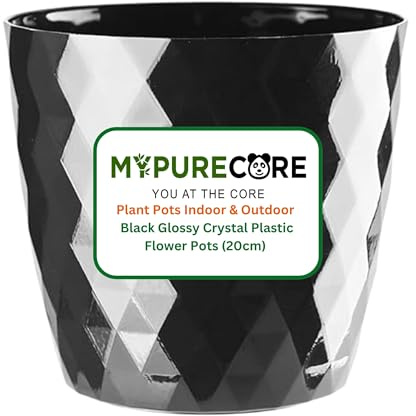 MYPURECORE Plant Pots Indoor 20cm – Stylish Decorative Plastic Flower Pot with Glossy Crystal Surface – Durable Indoor & Outdoor Planter for House Plants, Herbs (Black, 20 cm)
