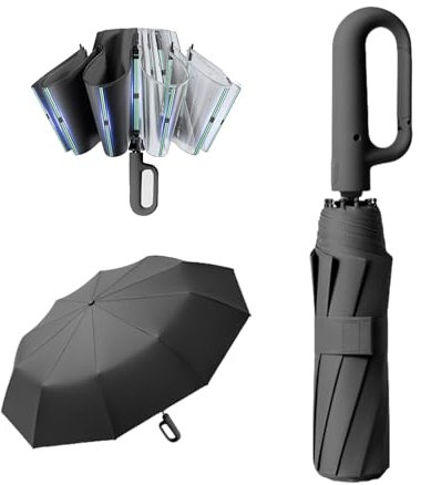Vonmerie Taschenschirme, beständig gegen Stürme und starken Regen, mit Haken für einfaches Tragen, automatisch kompakt mit einem Knopf Öffnen und Schließen automatisch (schwarz, Extra breit)