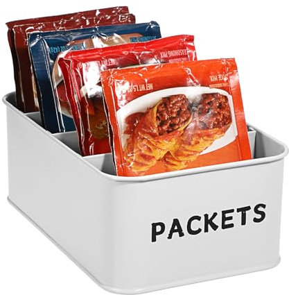 OGANAZI Caja de almacenamiento de metal blanco con 4 compartimentos, caja para bolsas de té, especias, mezcla de especias, aperitivos, cocina, comedor, organización, 21 x 14 x 8 cm