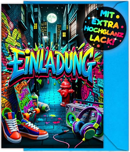12x Graffiti EINLADUNGSKARTEN KINDERGEBURTSTAG Junge Mädchen + 12x Umschläge - die frech bunten Street PARTY Karten sind die Graffiti EINLADUNG für Jungen Kinder GEBURTSTAG Neon KINDERPARTY Gaming