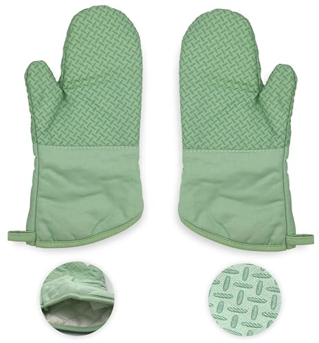 GEM+ | 2-Pack Long Silicone Grip Oven Mitts – Heat-Resistant Quilted Kitchen Gloves with Soft Cotton Lining – Non-Slip, Flexible, Durable & Easy to Clean – Cooking, Baking, BBQ & Oven (Green)