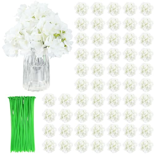 Sileasncei Bulk Artificial Hydrangeas 104PCS with Zip Tie Fastening, Silk Hydrangea Flowers, Full & Fluffy Realistic Faux Bouquets with Stems for Wedding, Party, Home Decor Centerpieces (White)