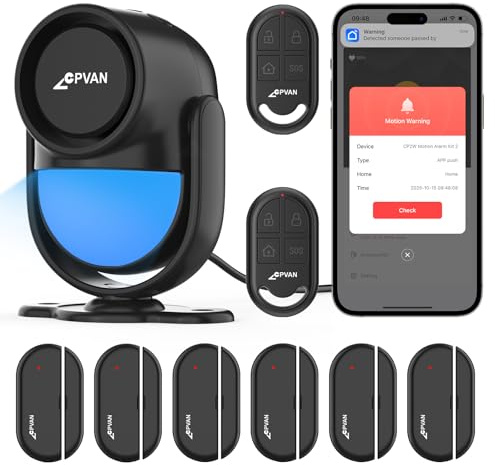 CPVAN Système d'alarme domestique, 2,4 G WiFi PIR détecteur de mouvement, alarme intelligente sans fil pour porte/fenêtre pour la sécurité à la maison avec alerte par application téléphonique, kit de