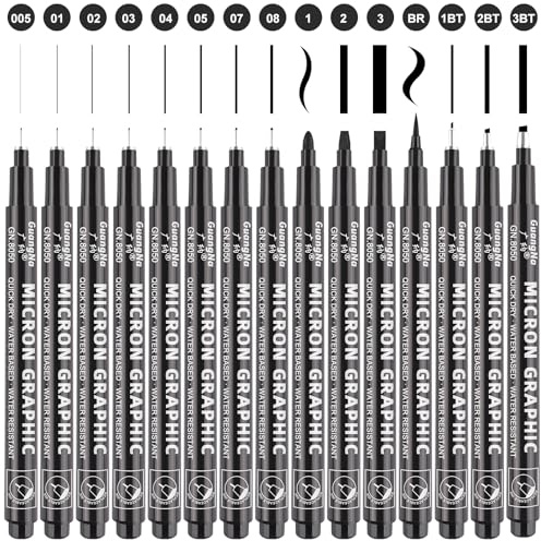 Gelanty Schwarze Fineliner-Stifte Set, 15 Stück, Fineliner, technische Zeichenstifte, Mikro-Liner-Kunststifte für Künstler, Pinselstifte für Kunstskizzieren, technisches Zeichnen, Illustration, Comic