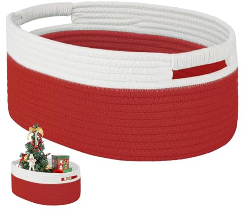 Paniers de Noël, 32x15x22cm corde en coton Panier rouge tissé avec poignée, petits paniers de rangement d'étagères, poubelle tissée décorative vide pour le salon Noël