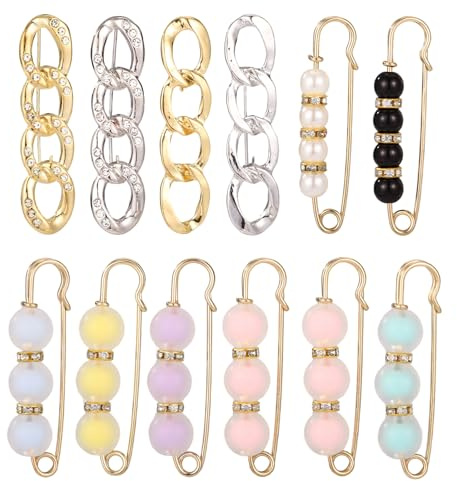 12 Bit Dekorativa Säkerhetsnålar, Pärla Rhinestone Metalliska Broscnhålar för Kläder Byxmidja Dråpare Fina Sockcharmer för Jeans Sjal Tröjor Skjorta Cardigan