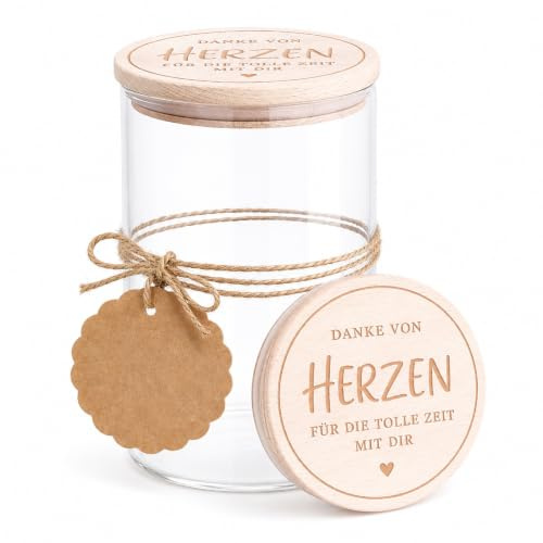 Abschiedsgeschenk Kollegen & Kollegin - Vorratsglas mit Danke von Herzen Holzdeckel (850ml), Ideal als Weihnachten Geschenk Erzieherin, Hebamme, Lehrer, Geschenk Kollegin zum Jobwechsel und Rente