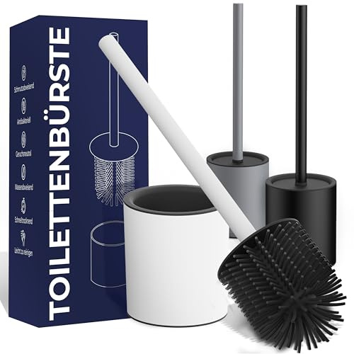 BLUEBRICKS® Klobürste Silikon weiß mit Edelstahl Griff & Halter - Antibakterielle Design Toilettenbürste mit WC Bürstenhalter - geruchsneutral - WC Bürste Silikon mit Spritzschutz