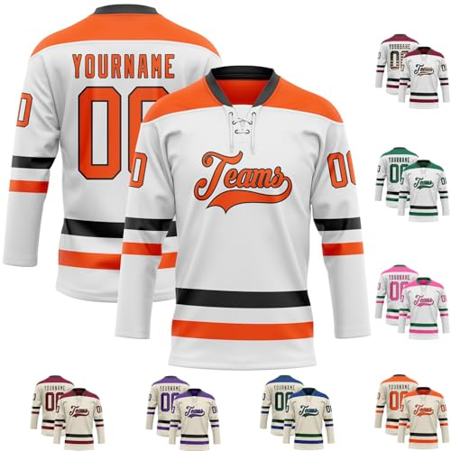 Customizable White Black Orange Hockey Team Uniforms, Personalized Sports Jerseys & Sweater for Youth Kids Boys Girls Adult Men Women, Warm Shirt with Embroidered Name & Pullover Top
