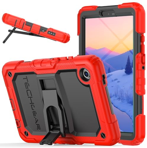TECHGEAR ArmourShield robust fodral till Samsung Galaxy Tab A11 8,7 tum (SM-X133/SM-X135) - slitstarkt stötsäkert skyddshölje, inbyggt stativ och skärmskydd - skolvänligt, röd