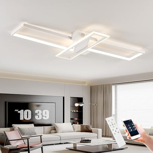 LED Deckenleuchte Dimmbar Wohnzimmer Deckenlampe mit Fernbedienung APP, 3000K-6000K, 74W Weiß Wohnzimmerlampe Schlafzimmer Lampe Rechtecke Modern Deckenbeleuchtung Nachtlicht und Timerfunktion