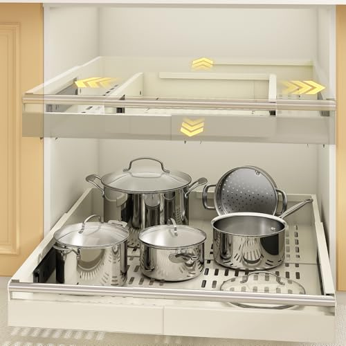 Mointal 2 Pack Full-Extension Telescopic Drawer, Pull-Out Kitchen Drawer with Handle, Metal Cabinet Drawer Organizer, Width 33-53 cm & Depth 41-61 cm, Mount with Adhesive Tape/Screws, Cream White