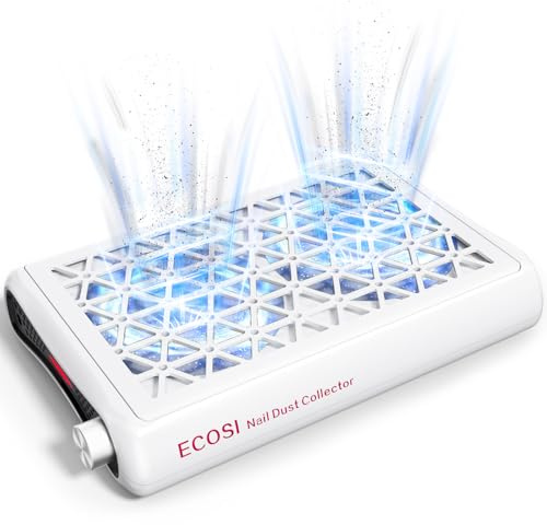 ECOSI Nail Dust Collector, Dual Turbo & 1600PA Professional Vacuum Fan Dust Extractor with 30 Pcs Filter Papers, 8000RPM Stepless Adjustable Suction for Manicure, Salon Nail Tech & Home