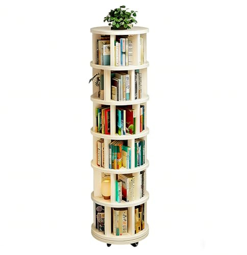 Dexinhdh Rundes, Drehbares Bücherregal Mit 6 Ebenen, Drehbarer Bücherturm Aus Holz Mit Rollen, Platzsparendes Bücherregal Mit Drehteller Für Schlafzimmer, Wohnzimmer, Büro(B)