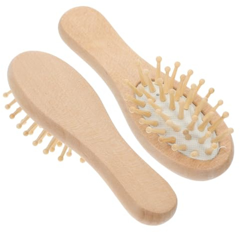 LALAFINA Lot de 2 Brosses à Cheveux Mini en Bambou Naturel 12x4,5 Cm, Brosses Démêlantes à Dents Larges avec Amortisseur pour Massage du Cuir Chevelu, Anti-statique, Adaptées Cheveux Secs