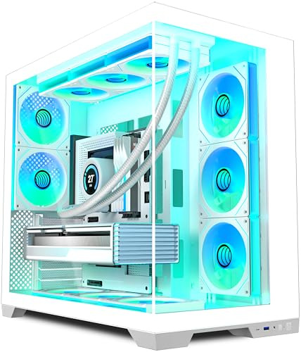 ANSAITE ATX PC Case - Pre-Installed 8 PWM ARGB Fan, ATX Mid-Tower Gaming PC Case, 270° Panoramic Glass with Type-C,420mm&360mm Radiator Support,White-K09