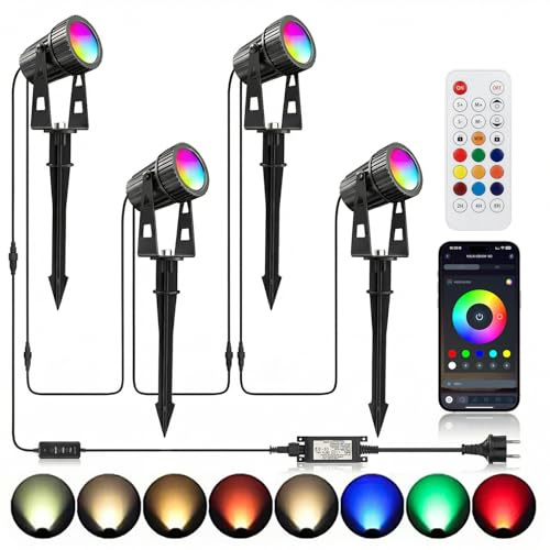 Lam(MS)pen 4er Gartenleuchte LED 24V 12W Gartenstrahler RGBW mit Bluetooth APP Timer, LED Gartenbeleuchtung RGB+Warmweiß mit Erdspieß mit Fernbedienung IP65 Wasserdicht für Außen Garten Rasen