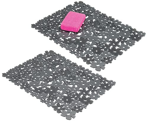 mDesign 2er-Set Spülbeckeneinlage zum Zuschneiden – große Spülbeckenmatte für die Küche – zuschneidbare Matte aus PVC für Geschirr und Becken – mit Blumenmuster – schiefergrau