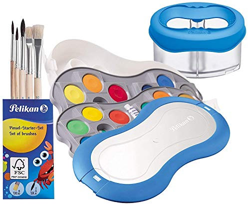 Pelikan Deckfarbkasten Space+ 735 SP/24 mit 24 Farben und 1 Tube Deckweiß (mit Becher + Pinsel-Set, blau)