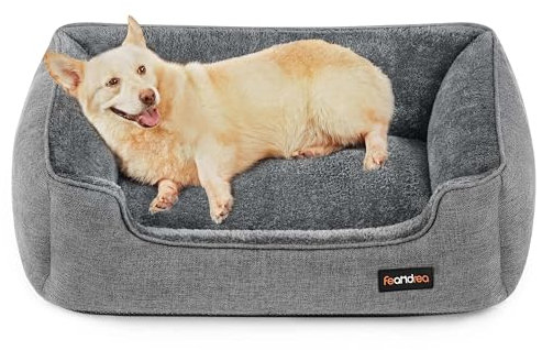 Feandrea Hundebett, Hundekissen in Leinenoptik, Hundekorb, erhöhte Ränder, rutschfeste Unterseite, Bezug abnehmbar waschbar, L, für mittelgroße Hunde, 90 x 75 x 25 cm, hellgrau PGW11GG