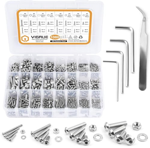 VIGRUE 1080Pcs Klein Schrauben und Muttern Set, 304 Edelstahl Metrische SchraubenSet, M2 M3 M4 M5 Schrauben Sortiment Innensechskant Gewindeschrauben,Maschinenschrauben