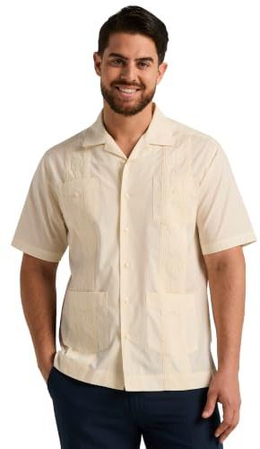Cubavera Mäns läger krage broderad Guayabera skjorta, Elfenben, S