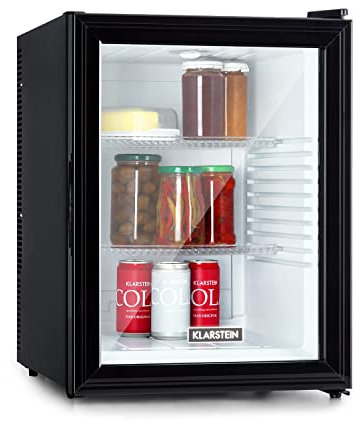 KLARSTEIN Nevera Pequeña Portatil Puerta de Cristal, Mini Nevera Silenciosa para Casa y Oficina, Frigorificos Pequeños para Refrescos, Cervezas, Estantes Extraíbles, Minibar 12-18°C, 42 l.