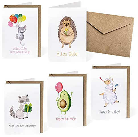 NORTH-WEST Geburtstagskarten Set mit Umschlag 5 Stück Geburtstag Glückwunschkarte Geschenk Mama Freundin Kinder lustig Happy Birthday Card Alpaka Lama Avocado Karte Glückwunsch Gutschein Karten