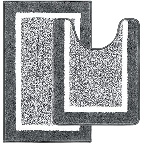 Pauwer 2 Pieces Bath Rug Set Bathroom Mats Set & U-shaped Toilet Rug Non Slip Shower Shaggy Floor Mats Machine Washable Bath Rug for Bathroom(50x80cm+50X60cm, Dark Grey)