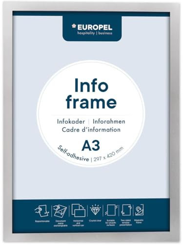 EUROPEL Selbstklebender magnetischer Info-Rahmen aus PVC, A3 Silber, 2er Set, einfach ablösbar durch Magnet, doppelseitig, Hoch- oder Querformat, 32,5 x 23,8 cm