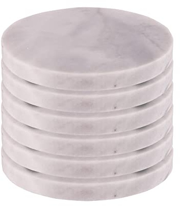 Argon Tableware White Marble Coasters - 10cm - Pack of 6 - Round Drink Placemats Reusable Dining Table Drink Coaster Placemats Drinking Glass Mat Cup Bar Mats for Table Setting, Restaurants