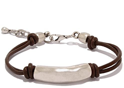 Pulsera de cuero marrón para mujer hecho por Intendenciajewels – Hecho a mano - Pulsera bohemia - Joyas para mujer - Pulsera de cuero y plata - Pulsera ajustable de 16-19,5 cm.