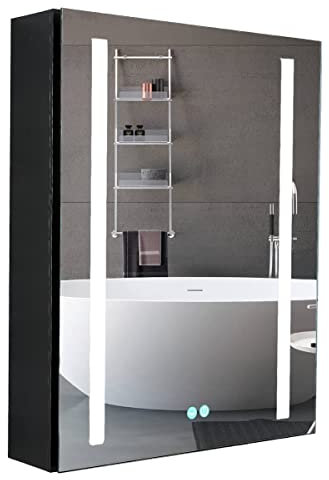 Plumbsys LED Badezimmer Spiegelschrank Schwarz Badspiegelschrank mit Anti-Beschlag, beleuchtet, High-Definition-Spiegel, 500 x 650 mm Schrank, Touch-Steuerung, wasserdicht IP44, Doppel-LED-Licht